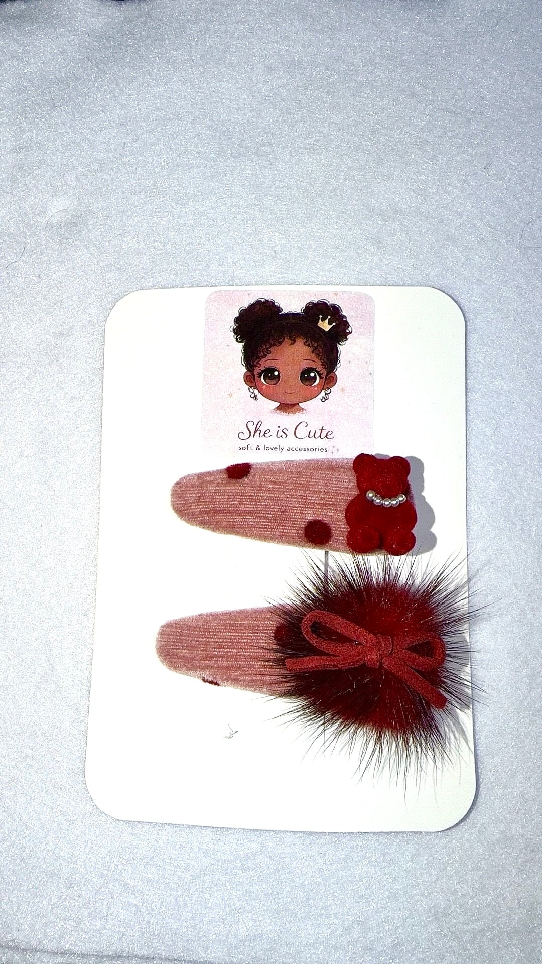 Cherry Teddy Velvet Hair Clips