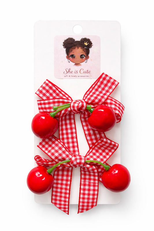 Cherry Sweet Gingham Bow Clips